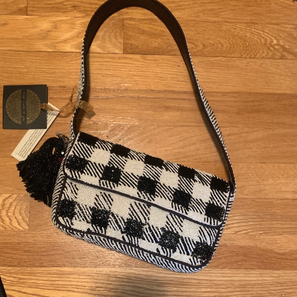 Black & White Check Beaded Shoulder Bag